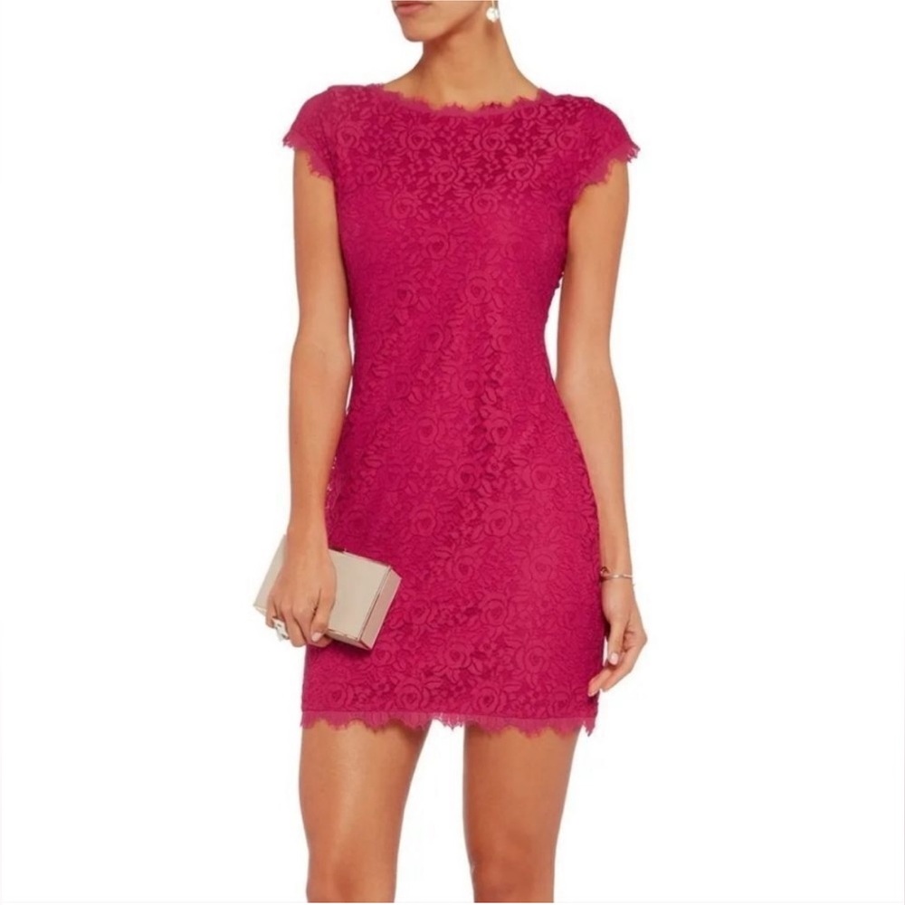 Diane von Furstenberg | Barbara Lace Mini Dress Cap Sleeves Bright Pink Size 10